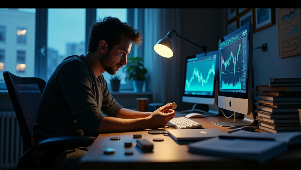 "A person intensely studies a coin at a cluttered desk amidst cryptocurrency books and computer screens displaying blockchain market analysis."