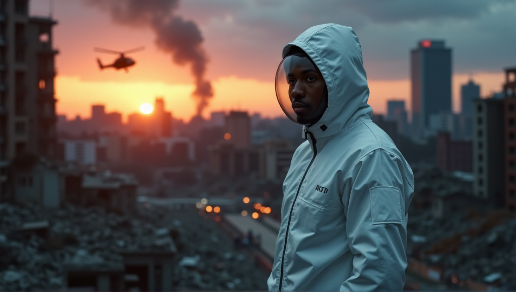 "A first responder in a hazmat suit stands amidst a devastated cityscape at dusk, wearing a blockchain-enabled smartwatch."