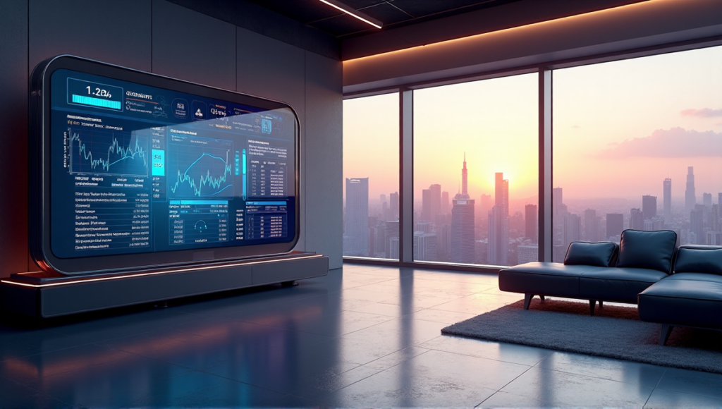 "A futuristic cryptocurrency trading terminal in a modern office space, showcasing blockchain data visualizations on a high-resolution screen."