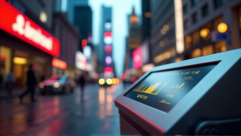 "A close-up shot of a sleek cryptocurrency exchange terminal against a blurred financial district backdrop, highlighting blockchain technology's role in global finance."