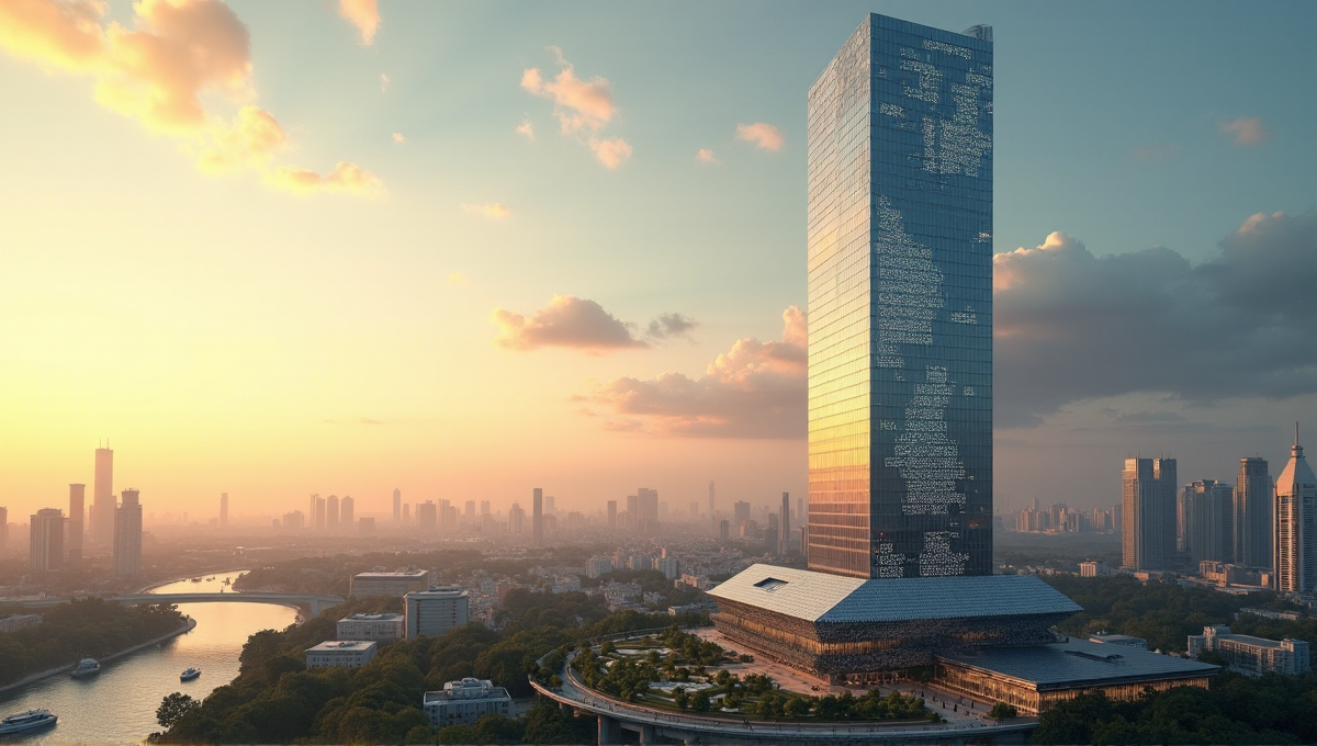 A futuristic government building with a sleek skyscraper featuring an intricate blockchain-inspired network on its façade, set against a serene cityscape at golden hour.