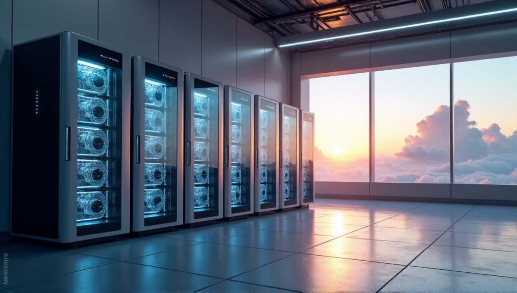 "Image of a futuristic data center with sleek cryptocurrency mining servers in a serene, moonlit environment, highlighting the intersection of technology and blockchain security."
