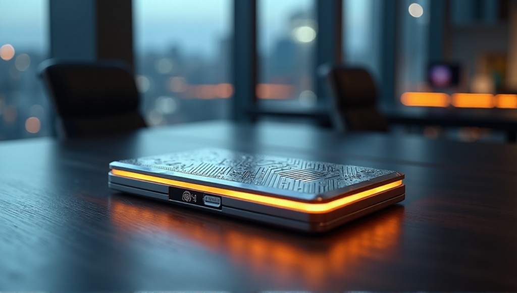 "A sleek silver cryptocurrency wallet on a dark wood desk, showcasing integrated blockchain technology and secure features in a modern office setting."