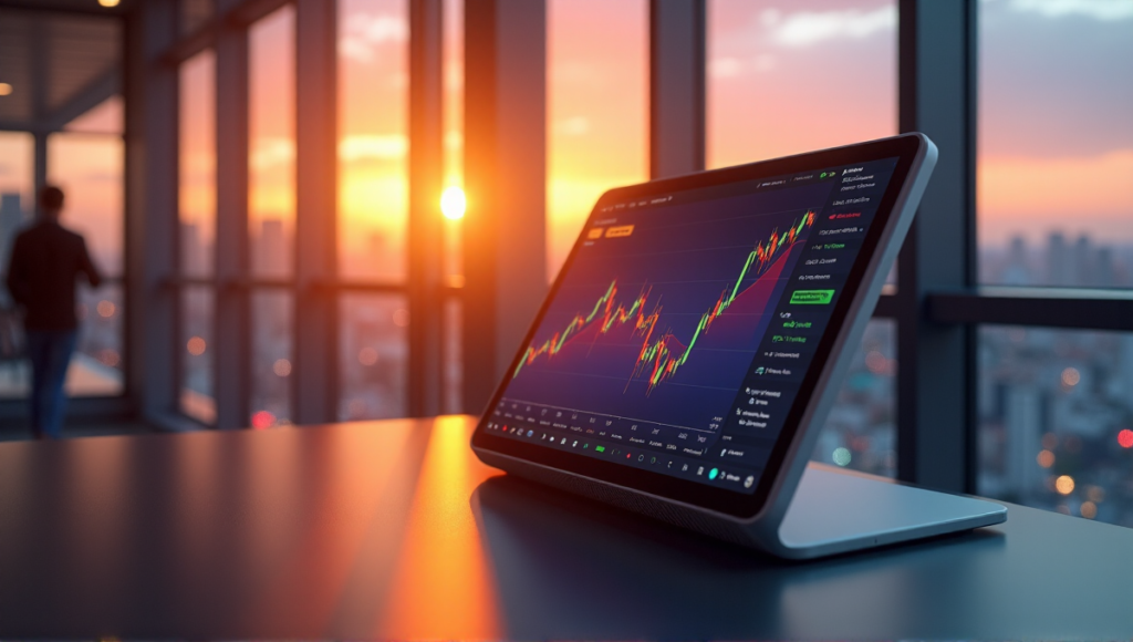 "A sleek cryptocurrency trading terminal in a modern office space, reflecting golden hour light on its touchscreen interface displaying a stablecoin price chart."