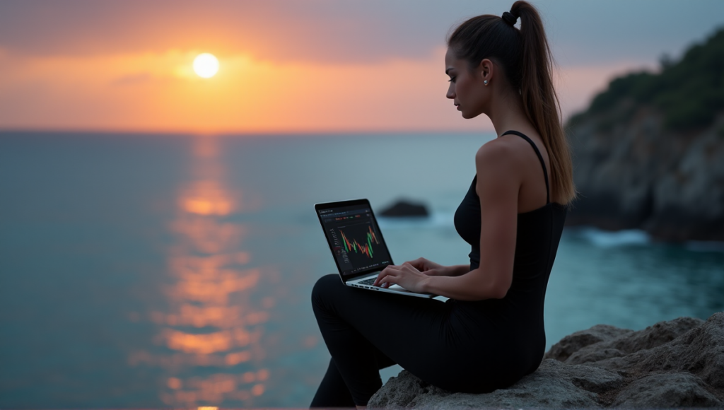 "A young woman sits on a rocky outcropping overlooking a moonlit ocean, laptop open to a cryptocurrency trading platform, symbolizing her journey towards financial freedom through DeFi strategies leveraging blockchain technology."