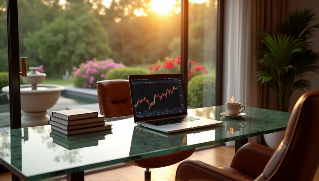 "A serene home office scene featuring a sleek glass desk with an open laptop displaying a cryptocurrency trading platform on a blockchain network, surrounded by comfortable furniture in warm golden hour light."