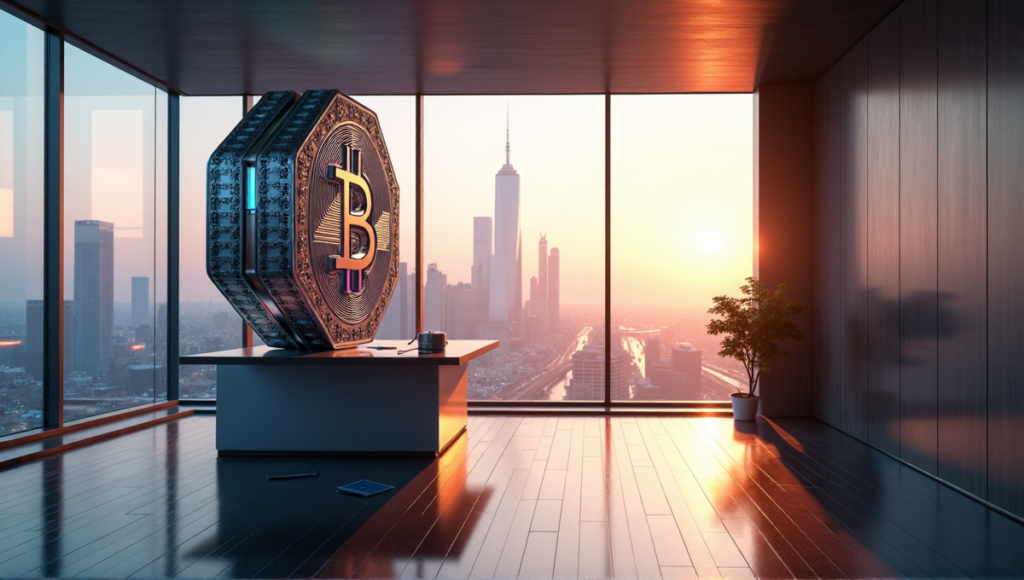 "A futuristic insurance office transformed by blockchain technology, featuring a sleek design and breathtaking cityscape view."