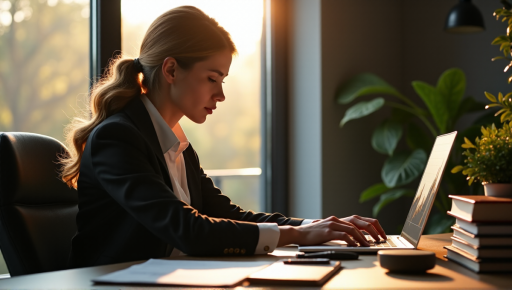 "A person sits at a desk in a modern home office, focused on a Ledger device amidst books on blockchain technology and financial charts."