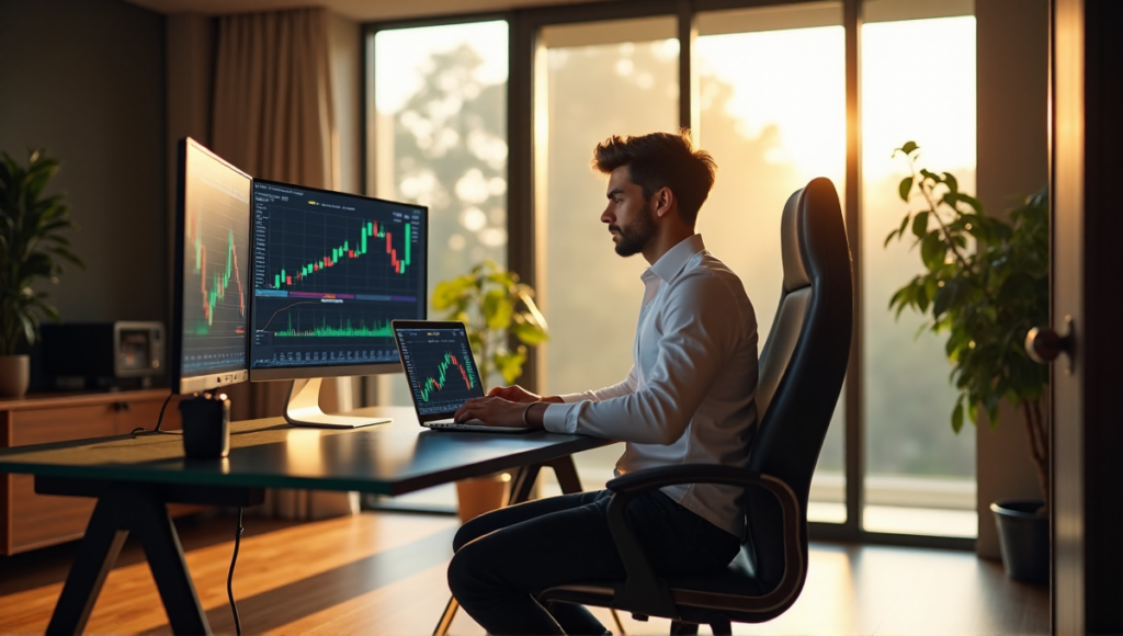 "A young professional sits confidently in a modern home office surrounded by cryptocurrency trading equipment and blockchain data displays."