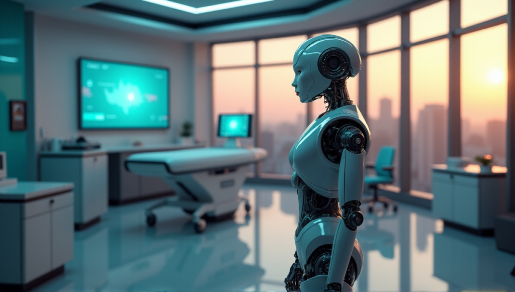 A futuristic medical facility with a sleek silver robot at its center, surrounded by high-tech equipment and blockchain-based data analytics displays.