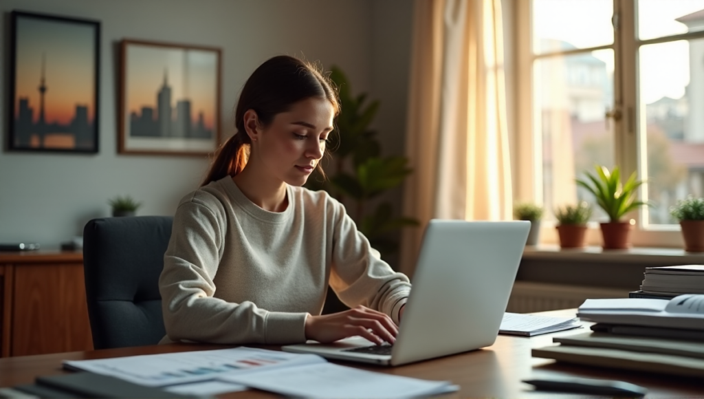 "A person sits at a wooden desk surrounded by financial documents and computer equipment, focused on a laptop displaying cryptocurrency market trends in a serene home office setting."