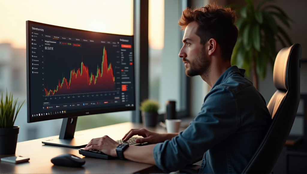 "A young adult sits confidently in front of a computer displaying a cryptocurrency trading platform, with charts showing upward trends and successful trades."