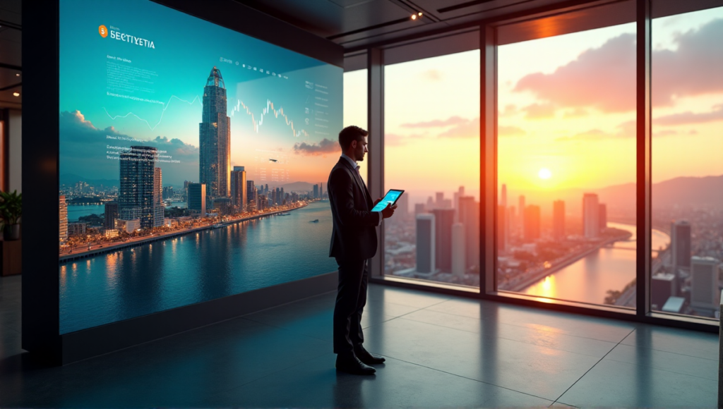 "A young entrepreneur stands confidently in a modern startup office, gazing out at a cityscape view of a financial district at sunset, with a digital screen displaying cryptocurrency market charts and a 3D model of a futuristic city built on blockchain technology."