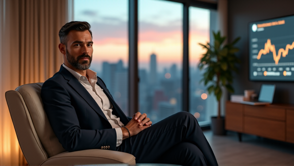 "A professional individual sits in a modern home office, surrounded by sleek furniture and a large screen displaying blockchain market trends."