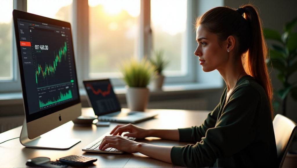 "A young woman sits confidently at a modern desk, surrounded by financial tools and gadgets, intensely typing on her laptop displaying a blockchain-based cryptocurrency trading platform."