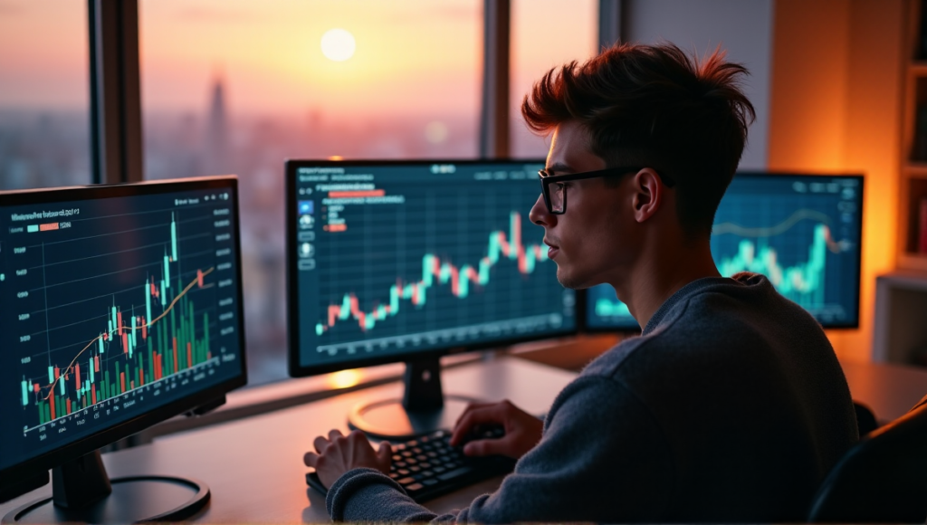 "A young adult sits in a home office, focused on a high-tech computer setup displaying cryptocurrency market data and blockchain staking rewards information."