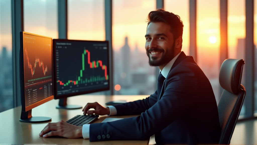 "A young investor sits confidently in front of a trading terminal, surrounded by real-time cryptocurrency market data and blockchain insights, with a city skyline view at sunset."