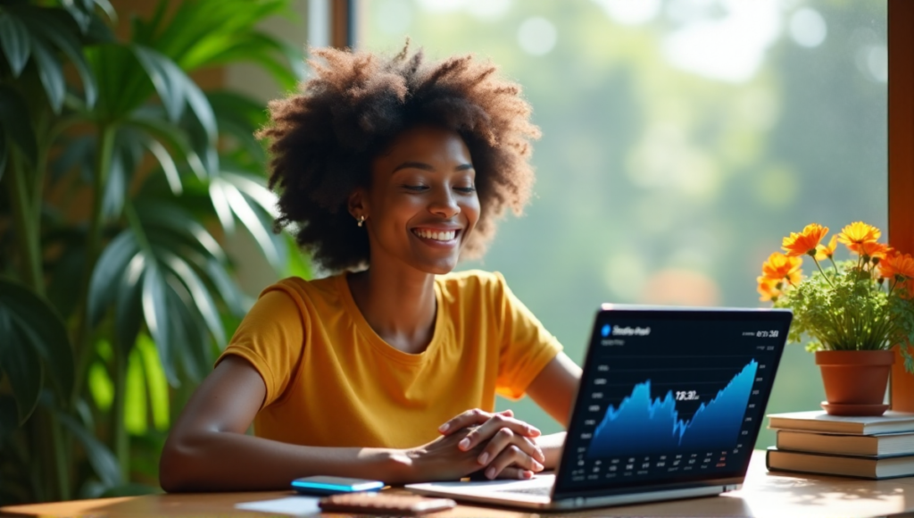 "A young woman from an underprivileged community sits confidently at a wooden desk surrounded by lush greenery, laptop open to a rising cryptocurrency graph, with hands on a blockchain security device emitting soft blue glow."