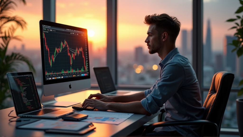 "A young investor sits at a modern desk, intensely analyzing cryptocurrency market trends on a computer trading platform with blockchain technology in the background."