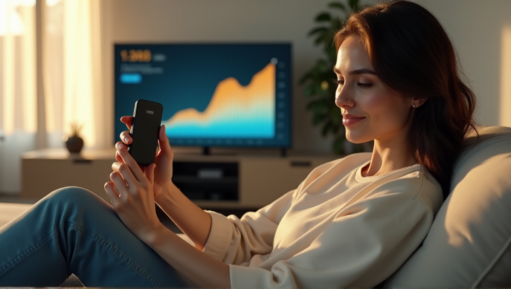 "A person sits comfortably on a cream-colored couch, holding a Ledger Nano X device and gazing at a high-definition LED screen displaying steady cryptocurrency growth on a blockchain network."