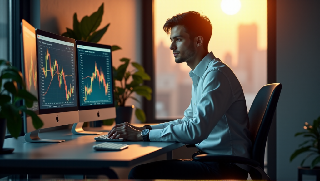 "A young trader sits at a modern desk, intently studying cryptocurrency charts on multiple screens, with a hint of confidence and focus."