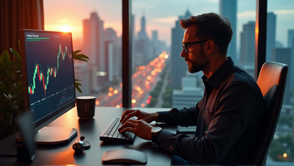 "A person sits in a modern home office, surrounded by high-tech gadgets, focusing on a Ledger device and cryptocurrency graph, bathed in warm golden hour light."