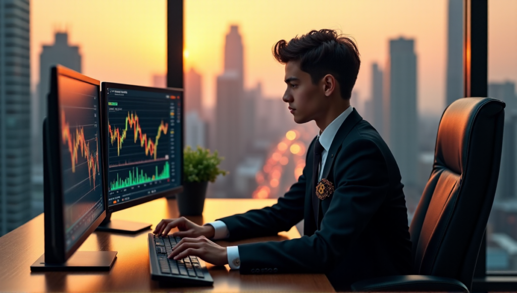 "A young adult trader sits confidently at a trading desk amidst a modern cityscape, intensely studying cryptocurrency charts on multiple screens with a focus on blockchain technology."