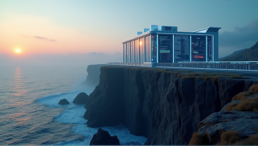 "A futuristic cryptocurrency data center situated on a cliff overlooking a serene moonlit ocean at dusk, with LED screens and digital displays."
