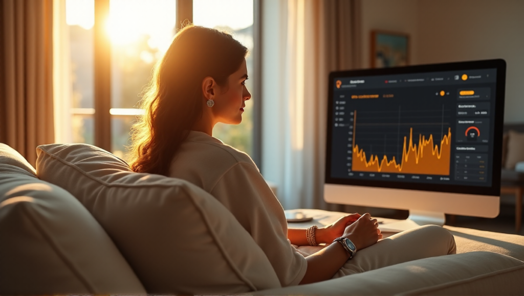 "A person sits comfortably on a cream-colored couch, gazing at a computer monitor displaying cryptocurrency growth on a blockchain platform in a serene living room."
