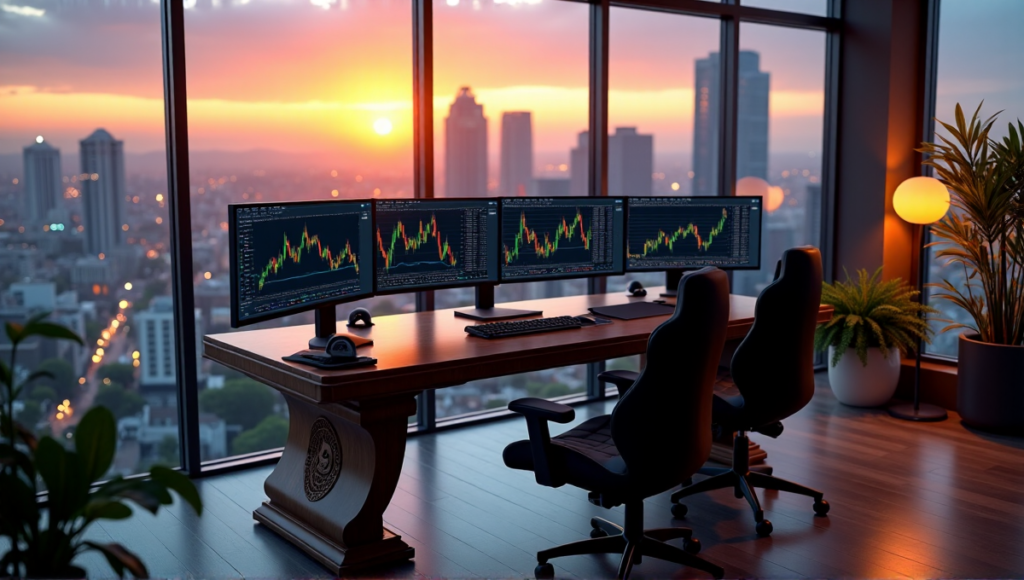"A photorealistic image of a high-tech trading desk with cryptocurrency charts, graphs, and market data on multiple screens, set against a warm golden hour background with a bustling cityscape at dusk."
