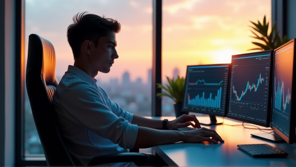 "A young adult sits calmly on a high-tech trading desk, hands on smart staking device, gazing at cryptocurrency charts amidst a minimalist home office with cityscape view."