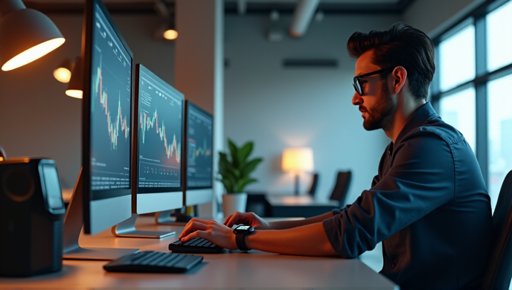 "A person sits at a modern desk, focused on a cryptocurrency trading platform displayed on a large computer monitor, surrounded by high-tech gadgets in an industrial-chic office space."