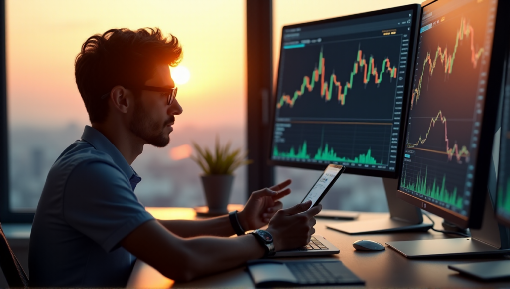 "A person sits at a desk surrounded by cryptocurrency charts and graphs on multiple screens, holding a tablet displaying a diversified portfolio of digital assets including Bitcoin and Ethereum, in a minimalist office with a cityscape view."
