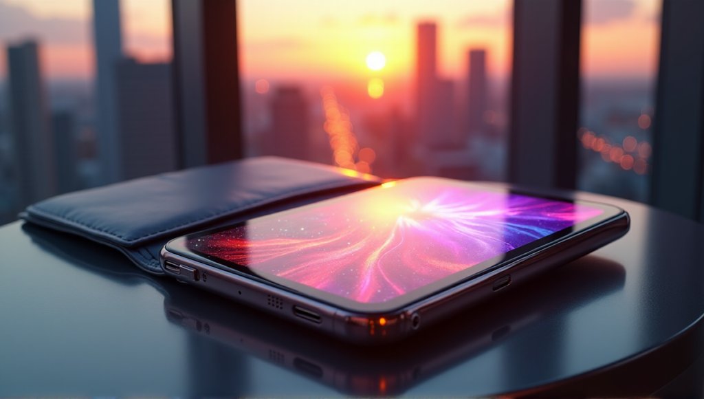 "A close-up of a modern cryptocurrency wallet displaying an NFT digital art piece with blockchain-inspired colors, set against a blurred cityscape."