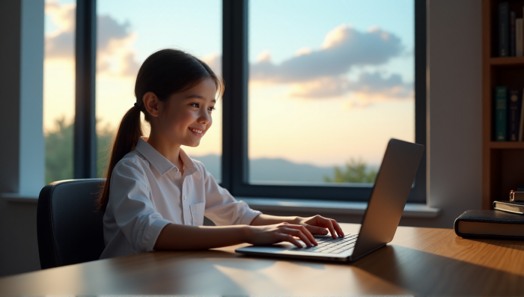 "A young girl sits at a desk, intensely analyzing cryptocurrency data on her laptop, surrounded by natural light and modern study decor."