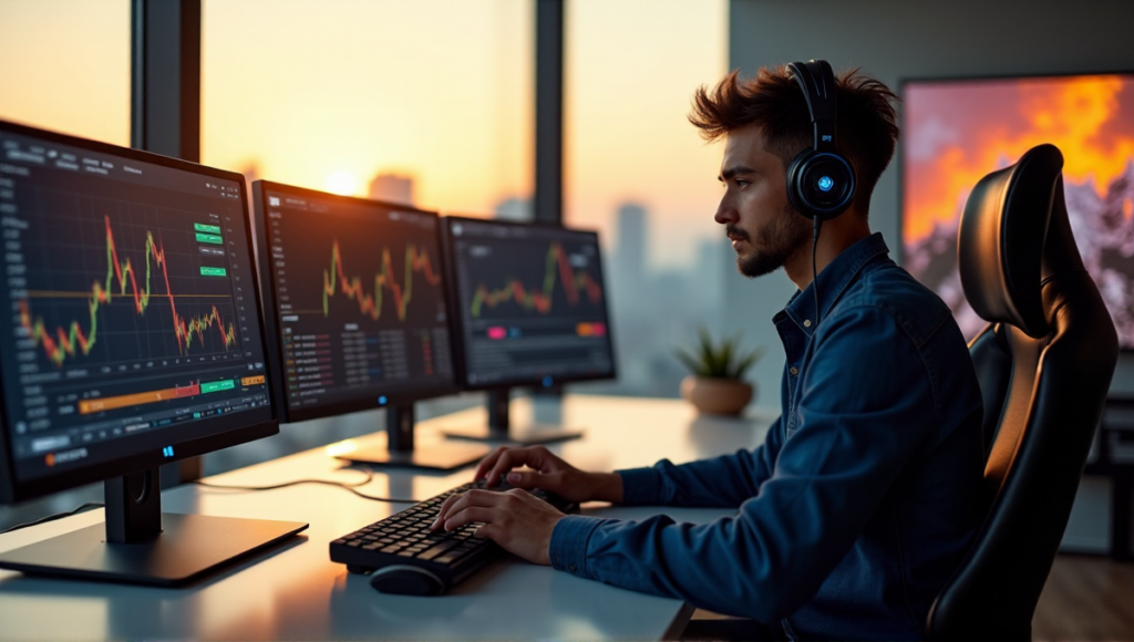 "A young trader sits at a modern desk, focused on cryptocurrency charts and blockchain data, wearing gaming headphones and a confident expression."