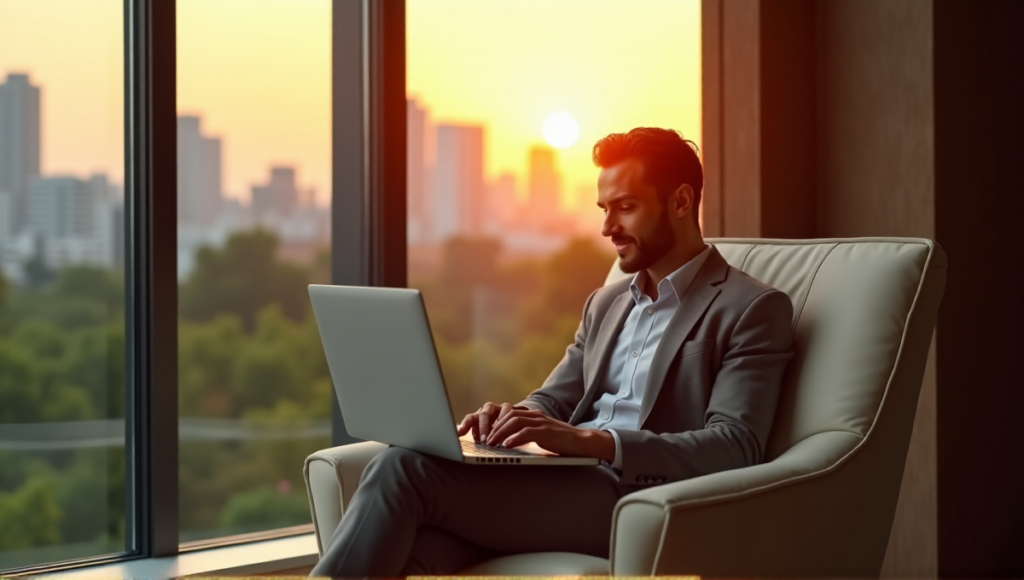 "A serene individual sits in a plush armchair, surrounded by floor-to-ceiling windows showcasing a cityscape at sunset, with a laptop displaying cryptocurrency values on its screen."