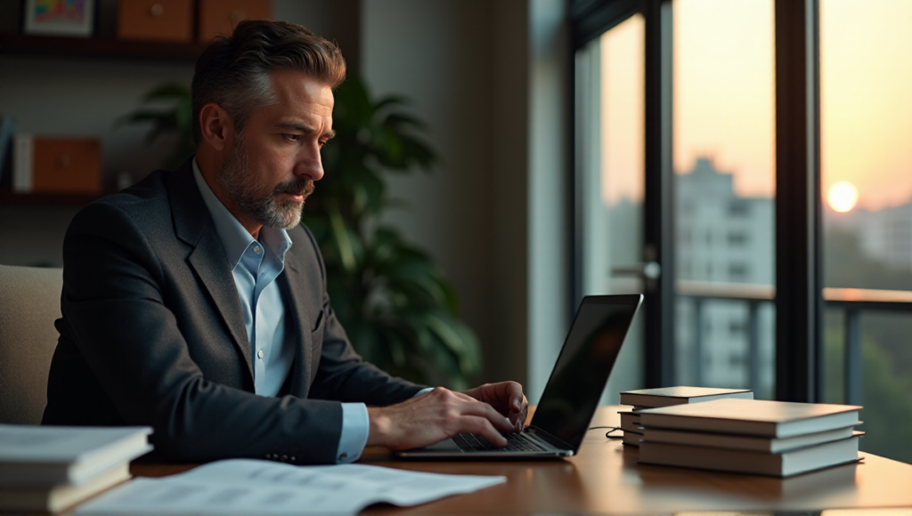 "A seasoned investor sits at a desk, intensely focused on a cryptocurrency trading platform, surrounded by financial resources and natural light, conveying expertise in blockchain-based investments."