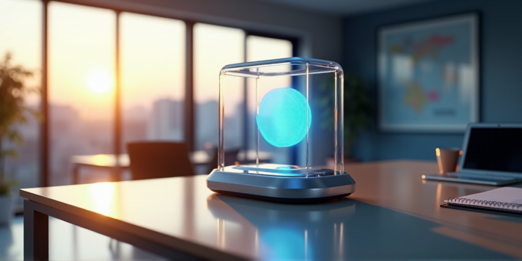 "A sleek silver tokenization device on a minimalist wooden desk in a modern office space with natural light pouring in during golden hour, surrounded by subtle blues and whites."