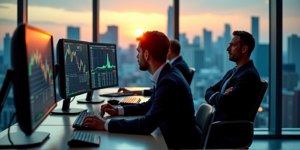 "Three institutional investors intensely focused on cryptocurrency trading, illuminated by golden hour light, with real-time market data displayed on high-end computer screens."