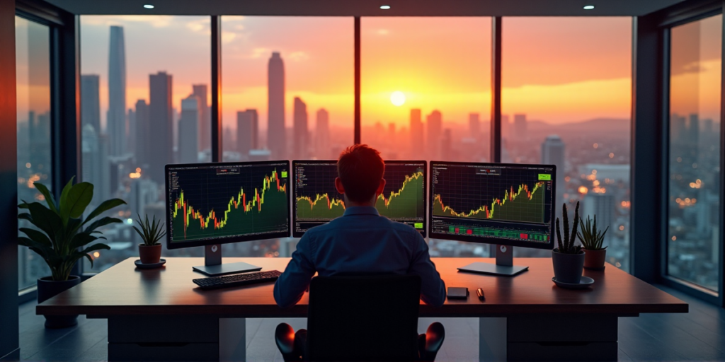 A confident cryptocurrency investor sits at a modern desk, surrounded by AI tools and financial software, with a cityscape at sunset in the background, reflecting on blockchain-driven wealth growth.