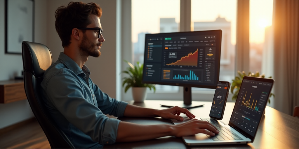 "A person sits calmly in a minimalist home office, surrounded by modern art and dark hardwood floors, focusing on a cryptocurrency dashboard on their computer monitor while using a staking and lending app on their phone."