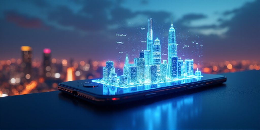 "A sleek futuristic smartphone displays a decentralized application interface on its transparent screen amidst a cityscape at dusk, reflecting urban colors and emitting an ethereal blue glow."