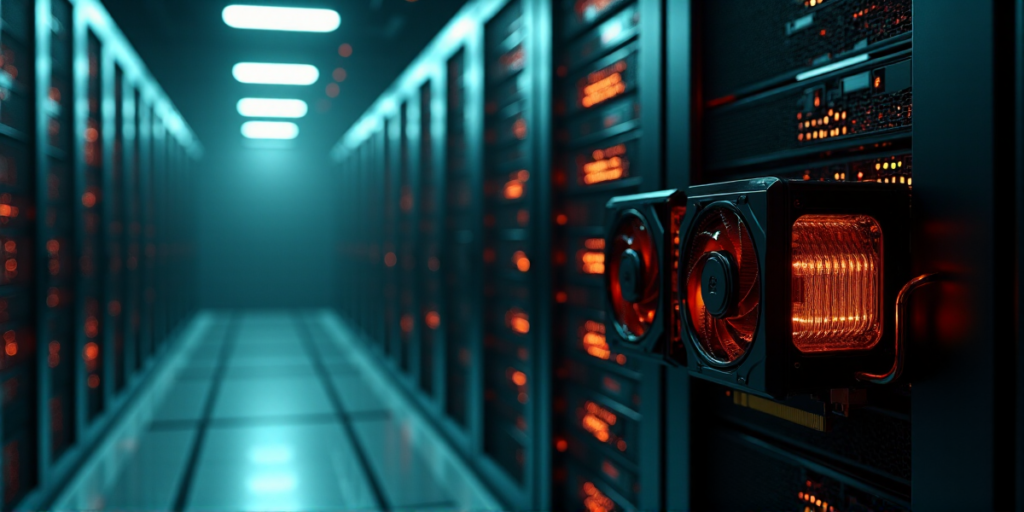 "A photorealistic image of a server room with rows of humming servers, featuring a partially exposed high-performance graphics card with copper heat sink, illuminated by soft blue-green LED lights."