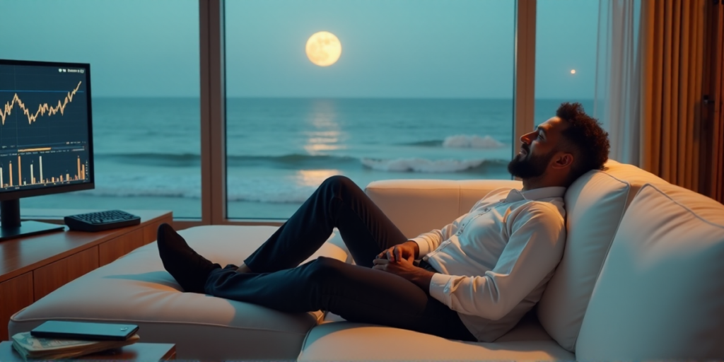 "A serene individual sits on a plush couch in a modern living room, surrounded by high-tech gadgets and devices, with a large monitor displaying cryptocurrency values and a small safe containing banknotes."