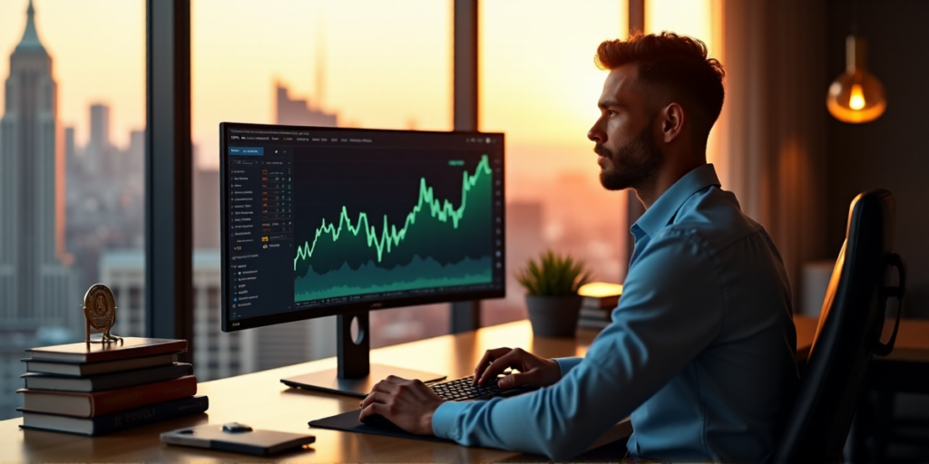 "A successful investor sits confidently in front of a cryptocurrency market chart on a sleek computer screen, surrounded by financial books and awards, with a breathtaking cityscape at sunset behind them."