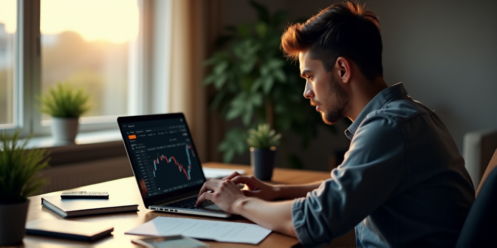 "A young trader sits at a desk, focused on a cryptocurrency trading platform with blockchain technology in the background, surrounded by financial resources."