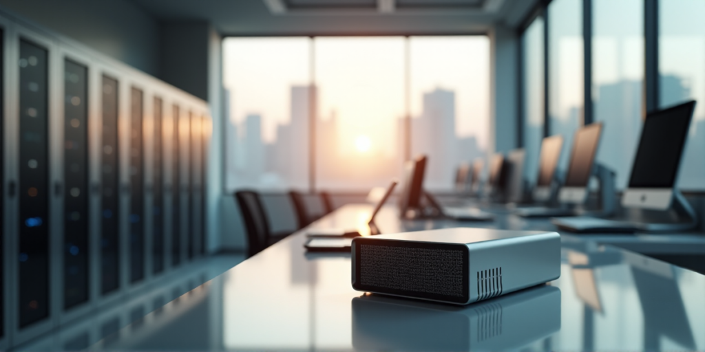 "A sleek silver blockchain node device on a minimalist desk in a modern laboratory setting, surrounded by humming servers and computer workstations."