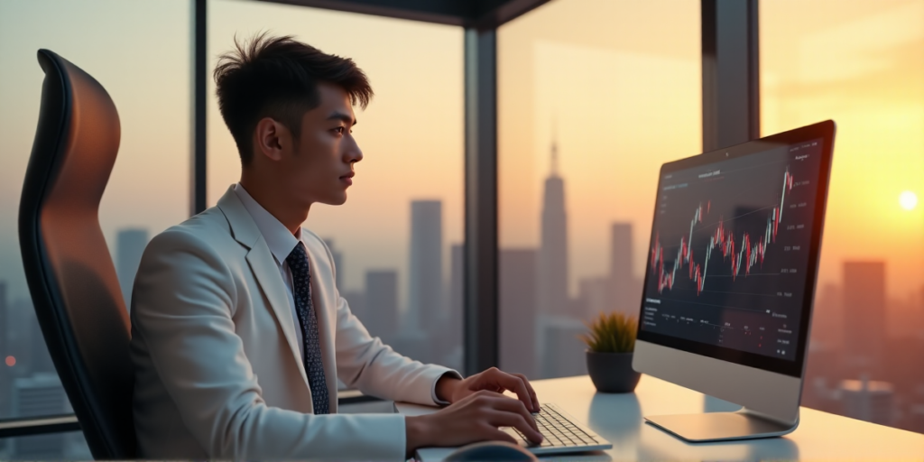 "A young adult sits confidently at a high-tech desk amidst a futuristic environment, poised over a computer with a large monitor displaying fluctuating market trends."