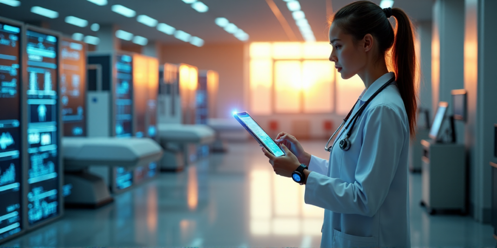 "A futuristic healthcare data management center with a sleek blockchain server at its center, surrounded by high-tech medical equipment connected via fiber optic cables."